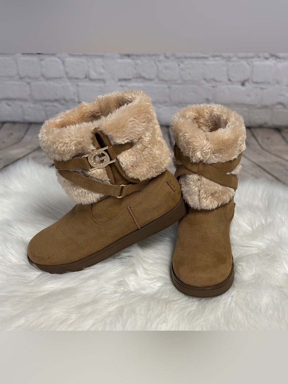 GBG Los Angeles Faux Fur-Trim Suede-Look Ankle Boots - Brown